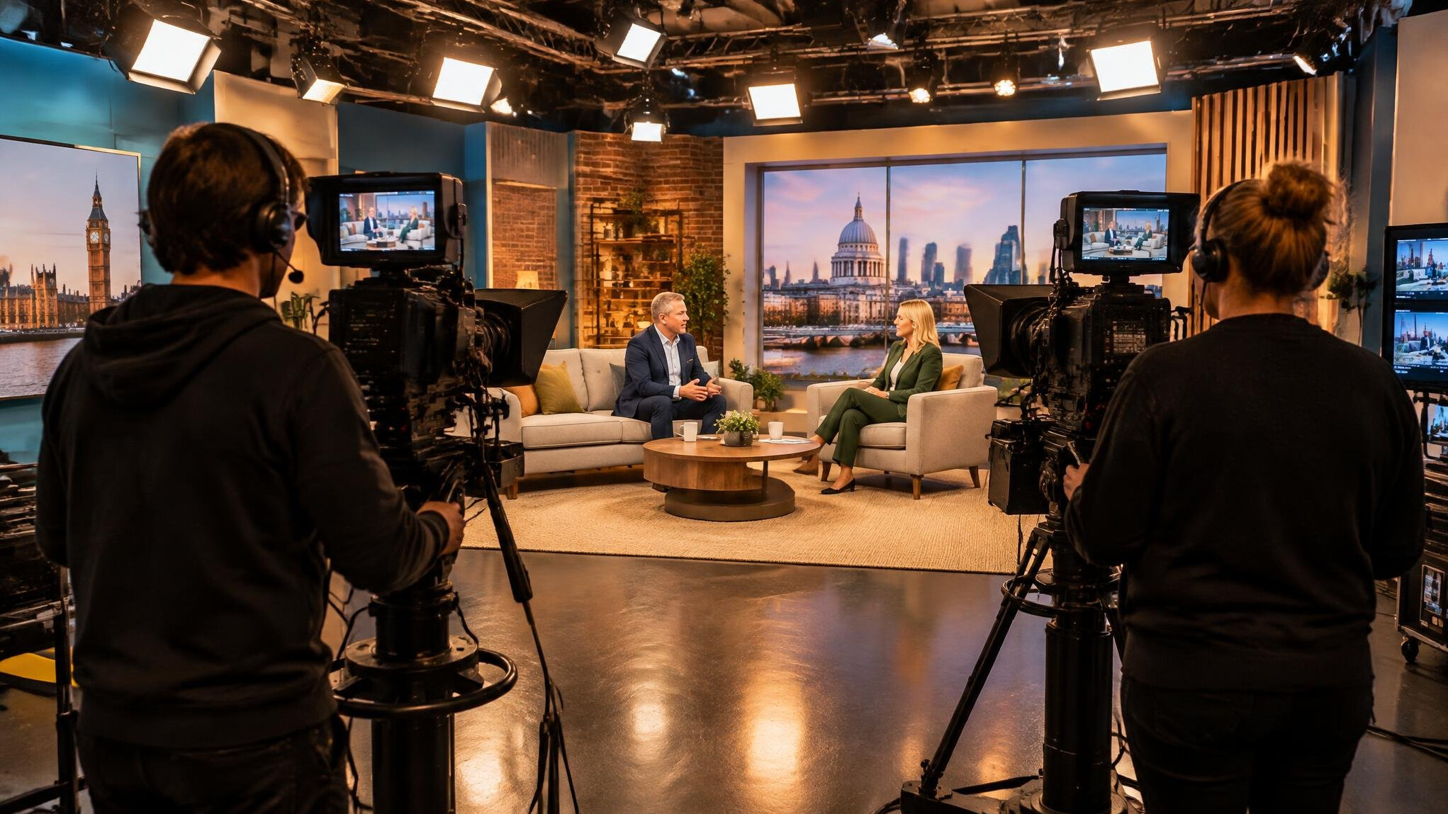 Film and television crew operating professional cameras on a production set